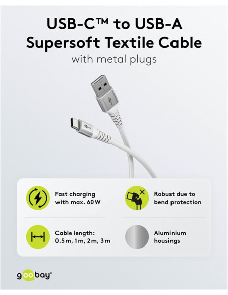 Goobay USB-C to USB-A Supersoft Textile Cable with Metal Plugs | 74530