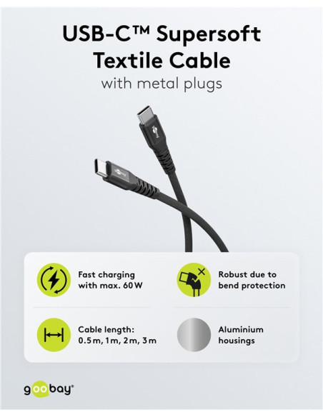 Goobay USB-C Supersoft Textile Cable with Metal Plugs, 1 m