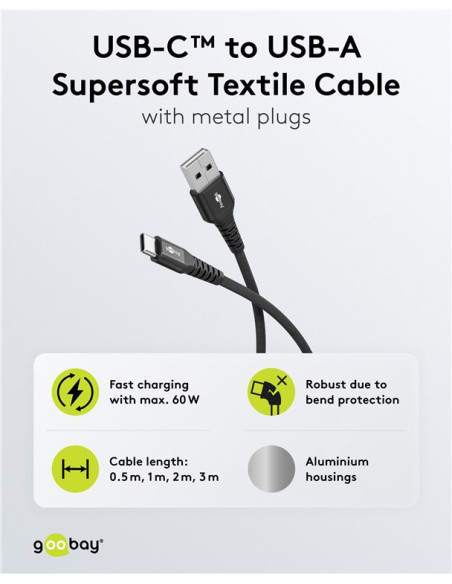 Goobay USB-C to USB-A Supersoft Textile Cable with Metal Plugs | 74526 | USB-C to USB-A
