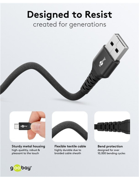 Goobay | USB-C to USB-A Supersoft Textile Cable with Metal Plugs | 74526 | USB-C to USB-A