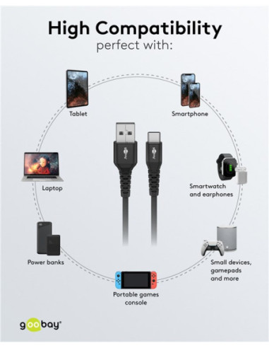 Goobay | USB-C to USB-A Supersoft Textile Cable with Metal Plugs | 74526 | USB-C to USB-A
